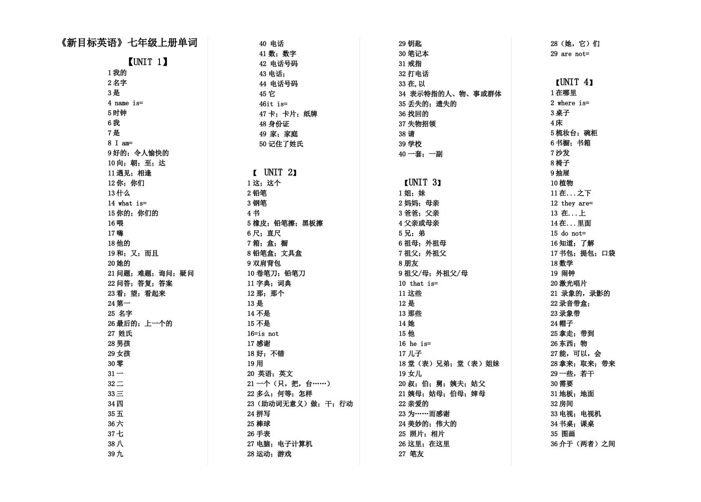 七年级上册所有单词的汉语适合学生复习时默写