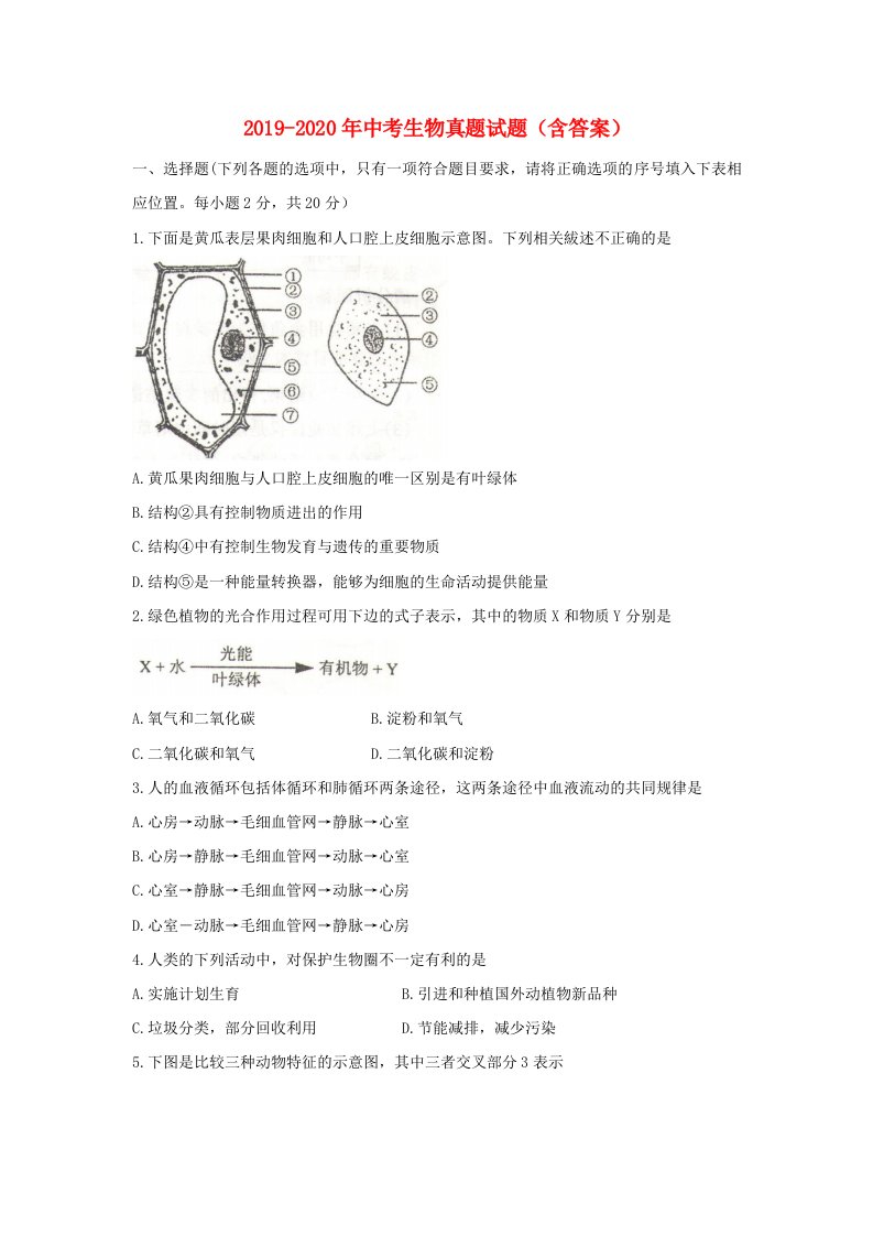 2019-2020年中考生物真题试题（含答案）