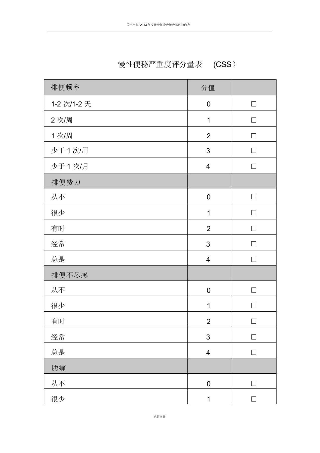 慢性便秘严重度评分量表(css)