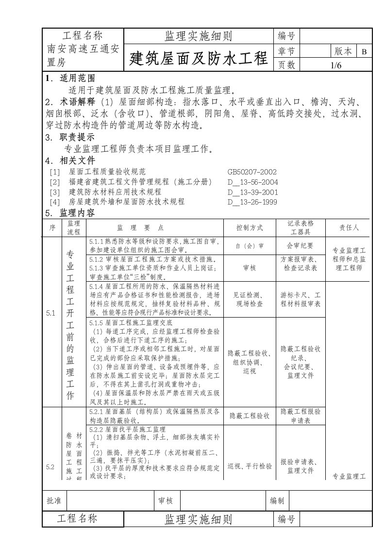 屋面及防水工程监理实施细则JL