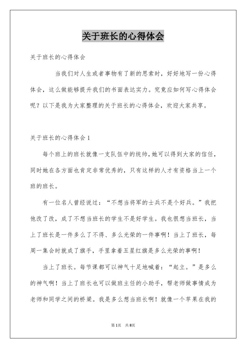 关于班长的心得体会例文