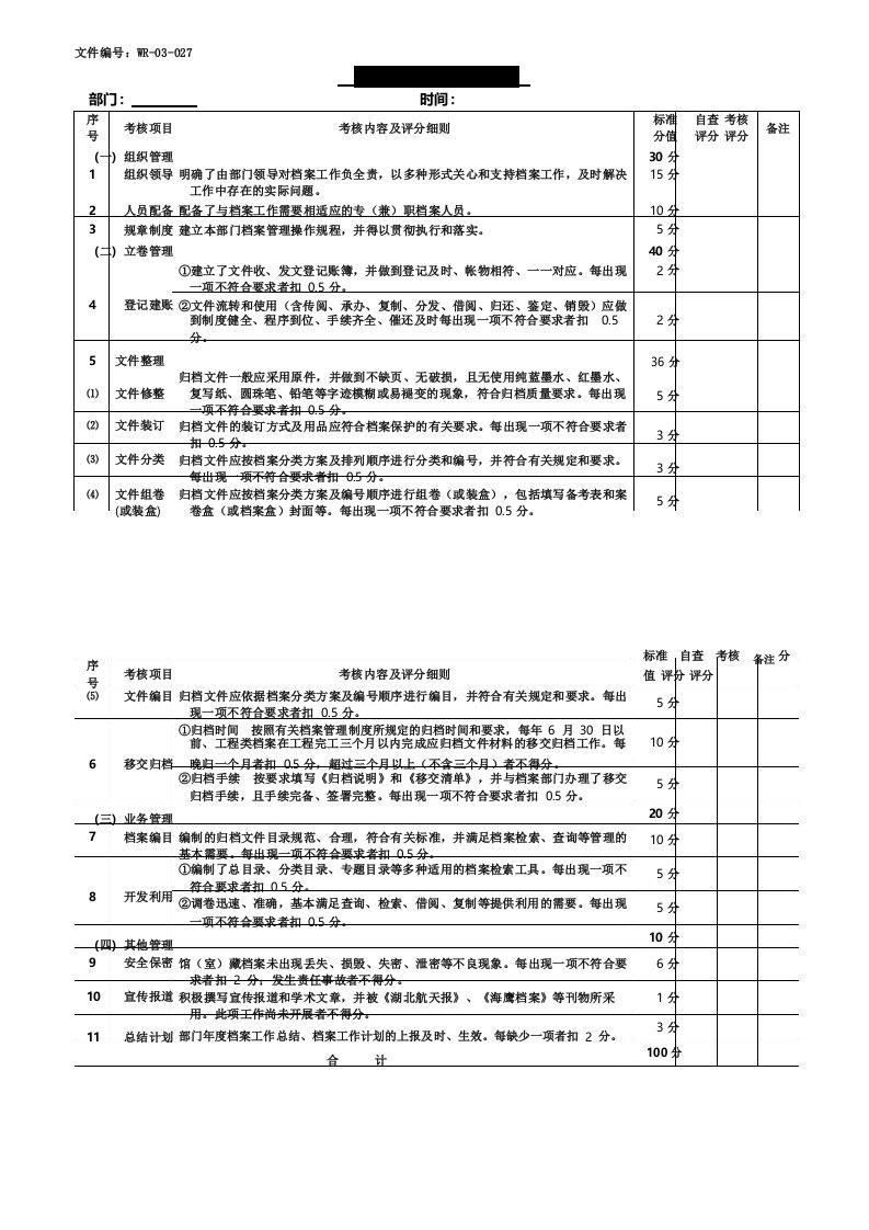 档案工作考核评分表