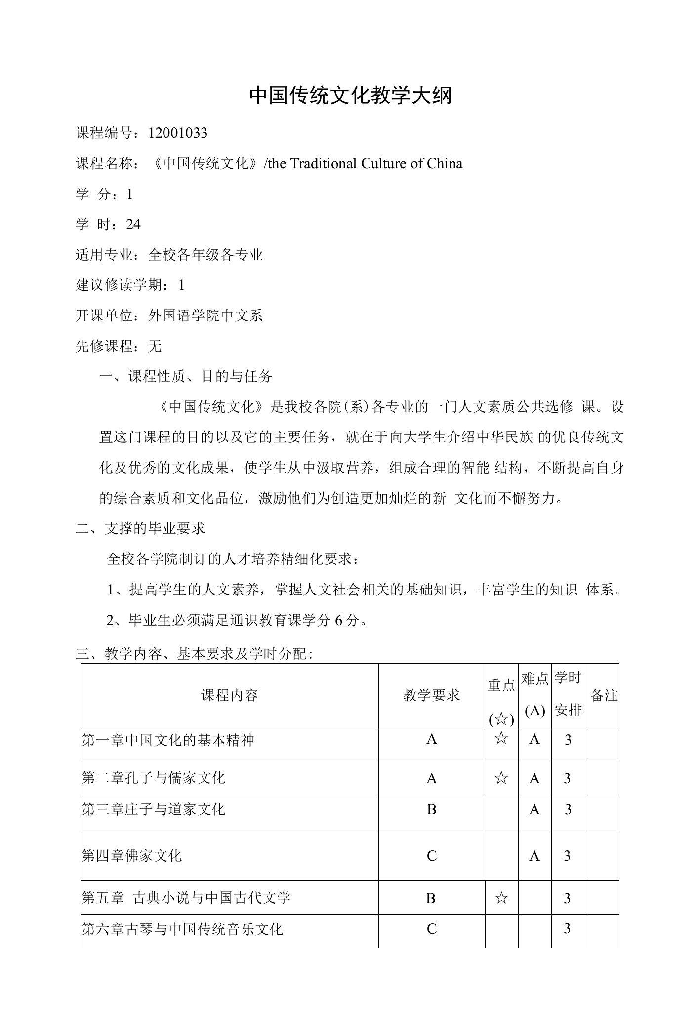 中国传统文化教学大纲