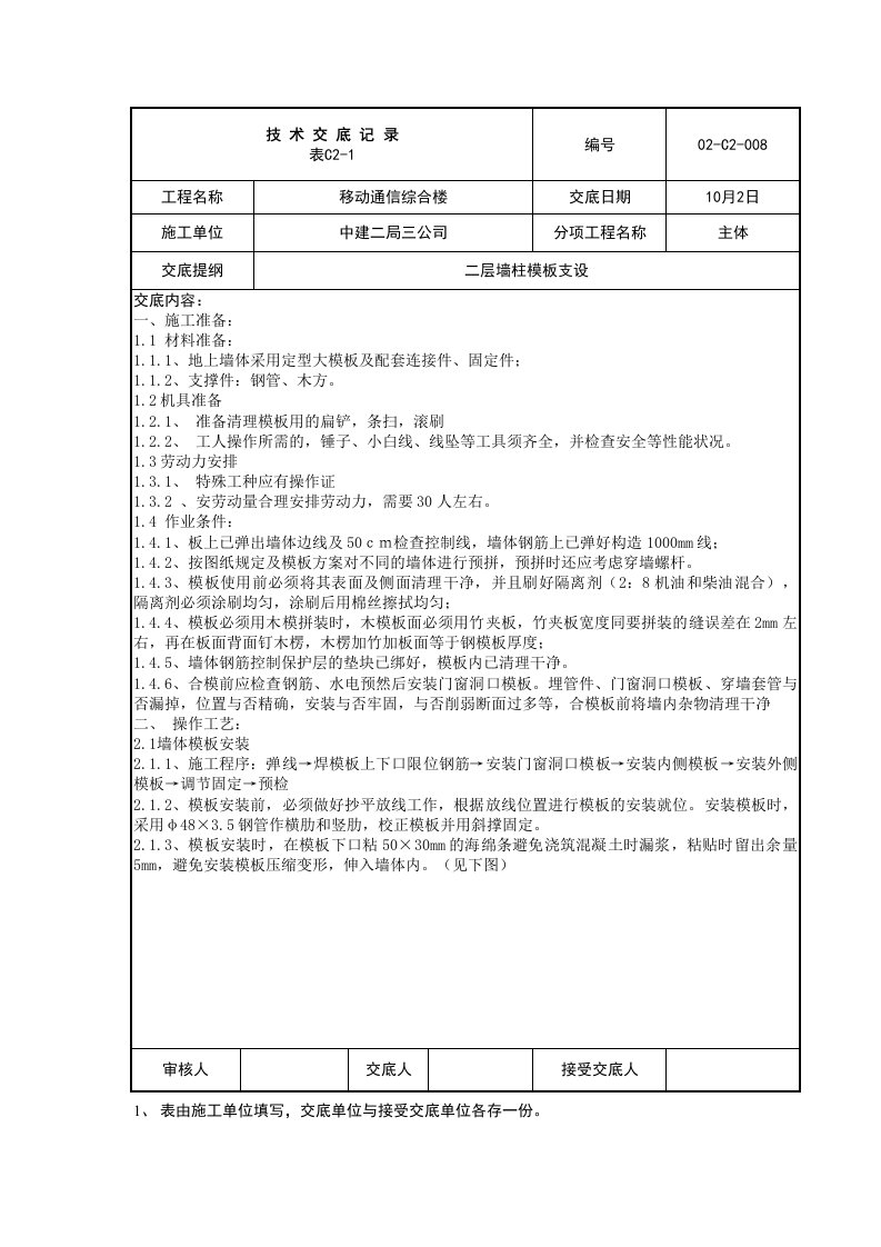 二层墙柱模板支设-技术交底