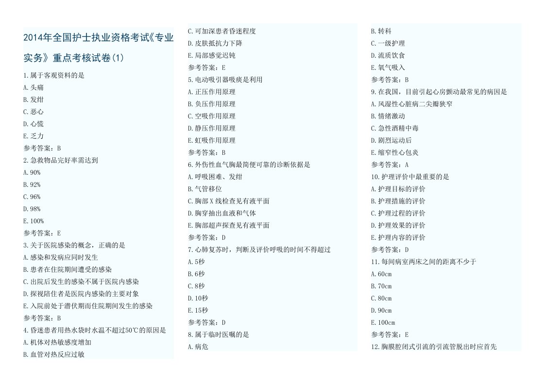 2014年全国护士执业资格考试《专业实务》重点考核试卷