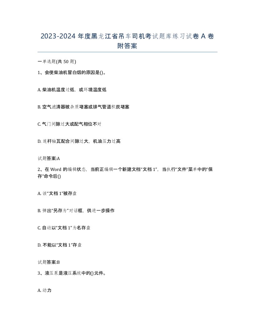 20232024年度黑龙江省吊车司机考试题库练习试卷A卷附答案