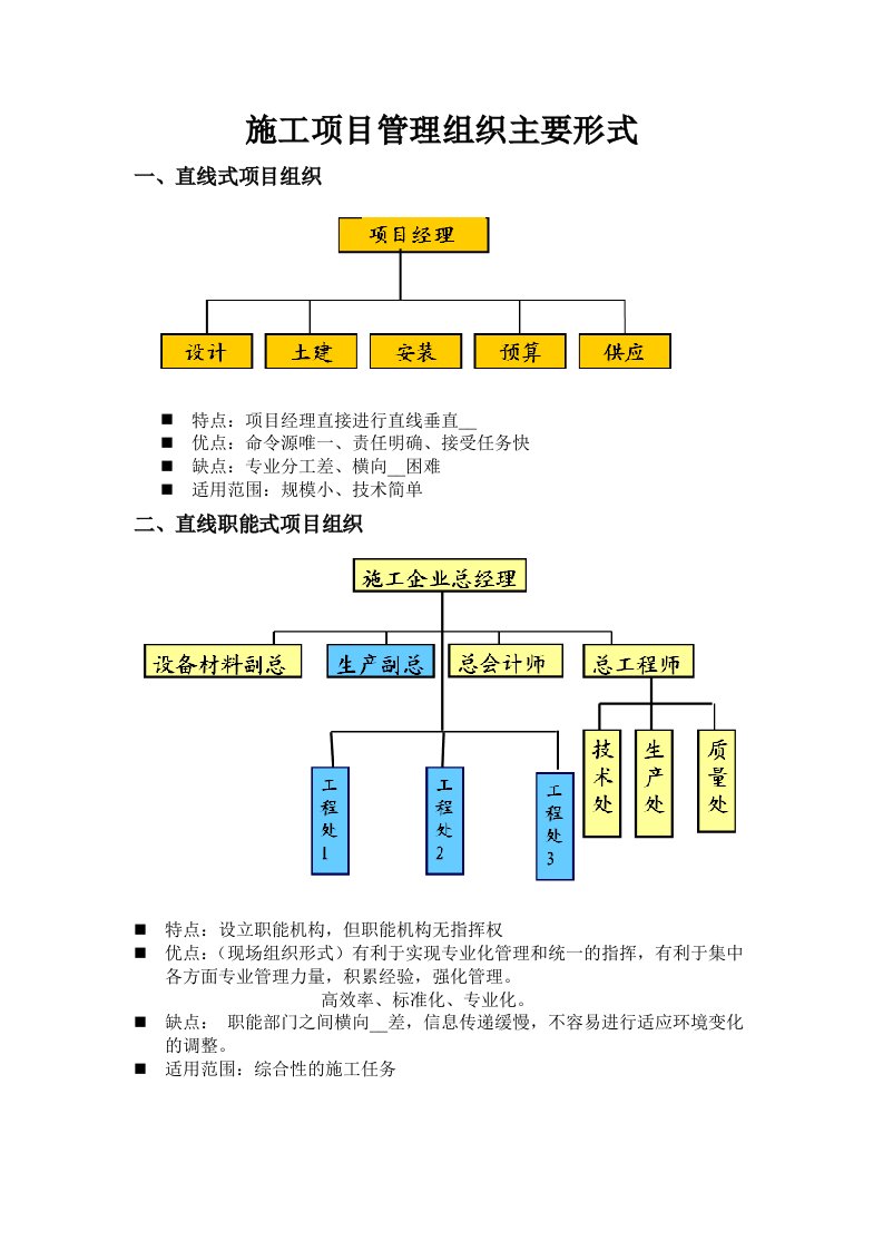 施工项目管理组织主要形式