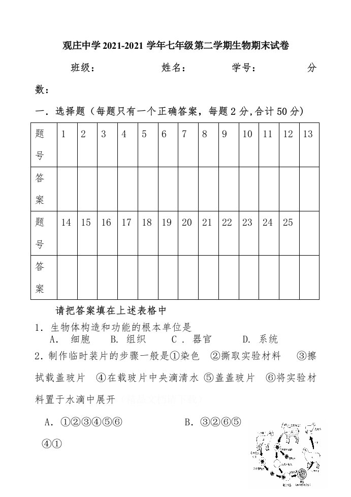 七年级生物下考试试卷