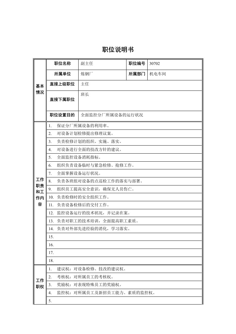 机电车间副主任岗位职责