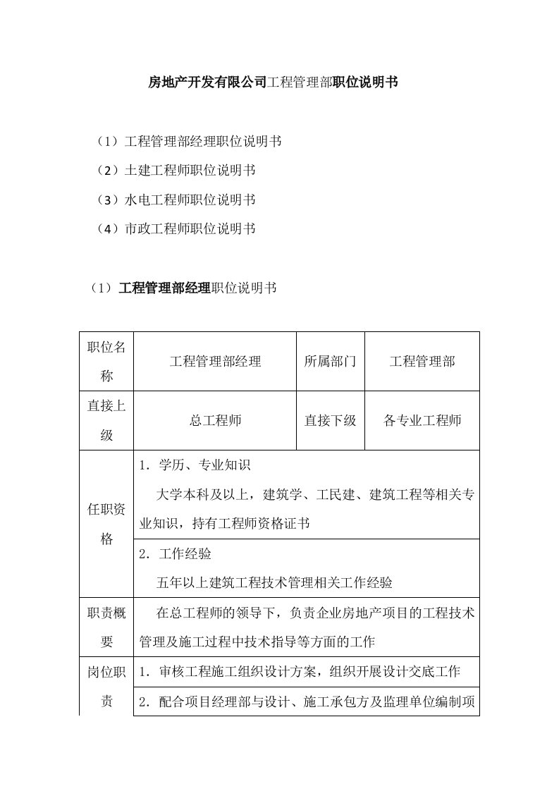 房地产开发有限公司工程管理部职位说明书