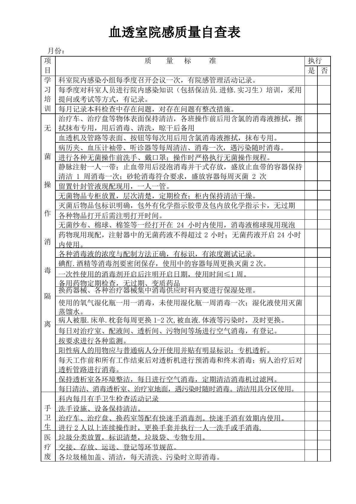 血透室院感质量自查表