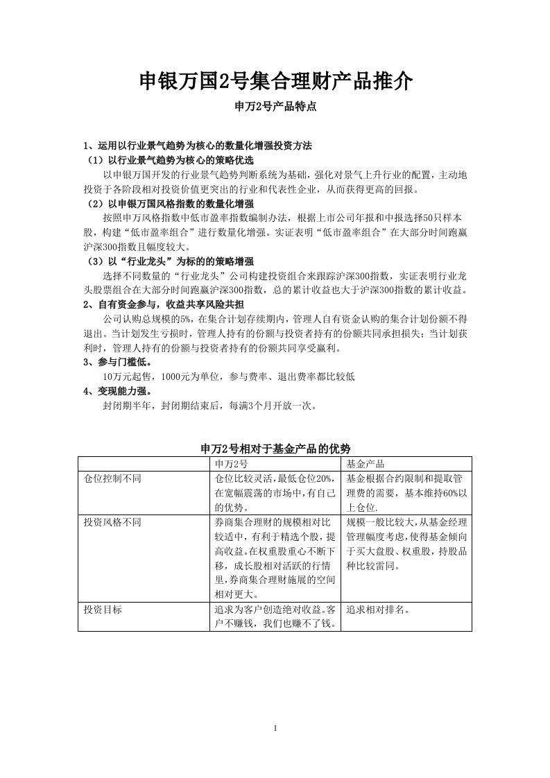 精选申银万国2号集合理财产品推介