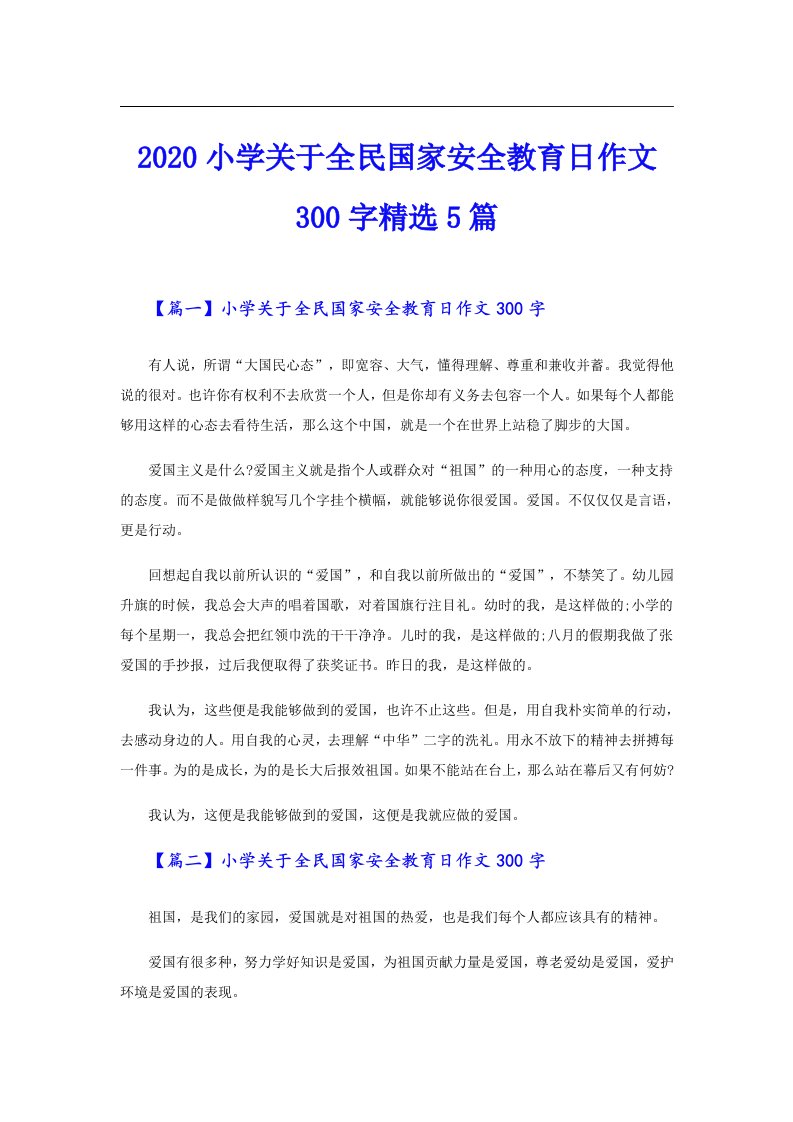 小学关于全民国家安全教育日作文300字精选5篇