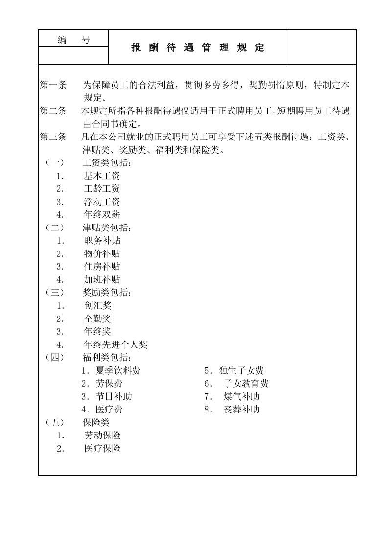 员工管理-某公司员工报酬与待遇管理规定