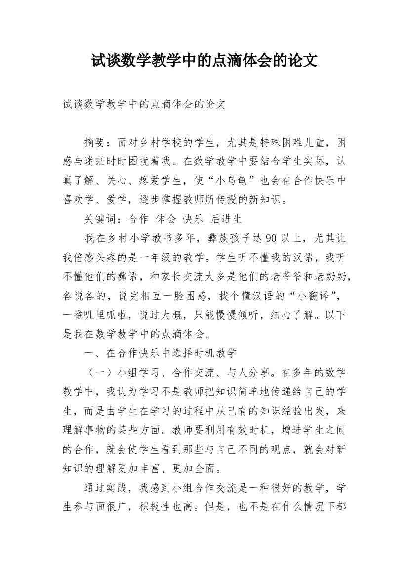 试谈数学教学中的点滴体会的论文