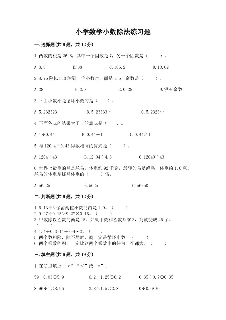 小学数学小数除法练习题精品（历年真题）