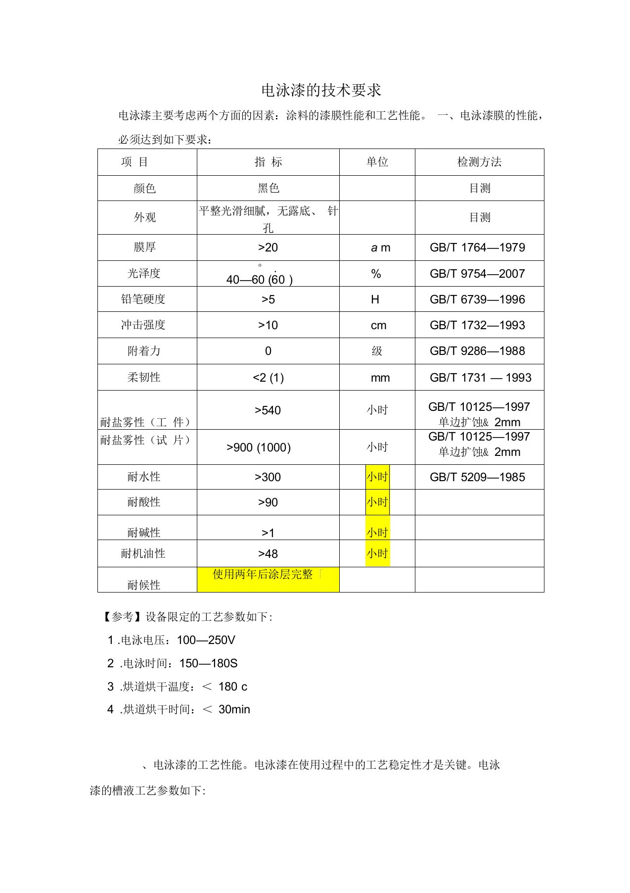 电泳漆技术标准