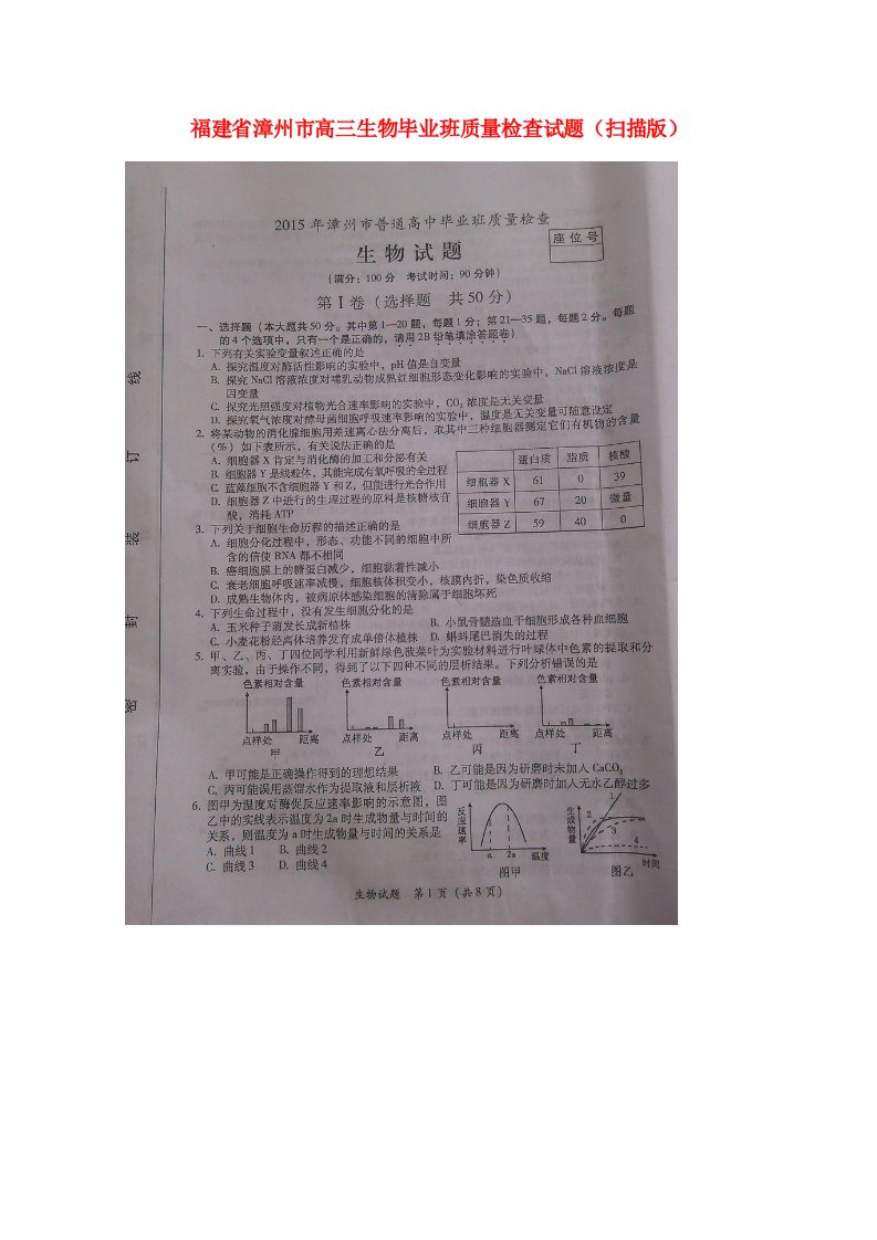 福建省漳州市高三生物毕业班质量检查试题（扫描版）