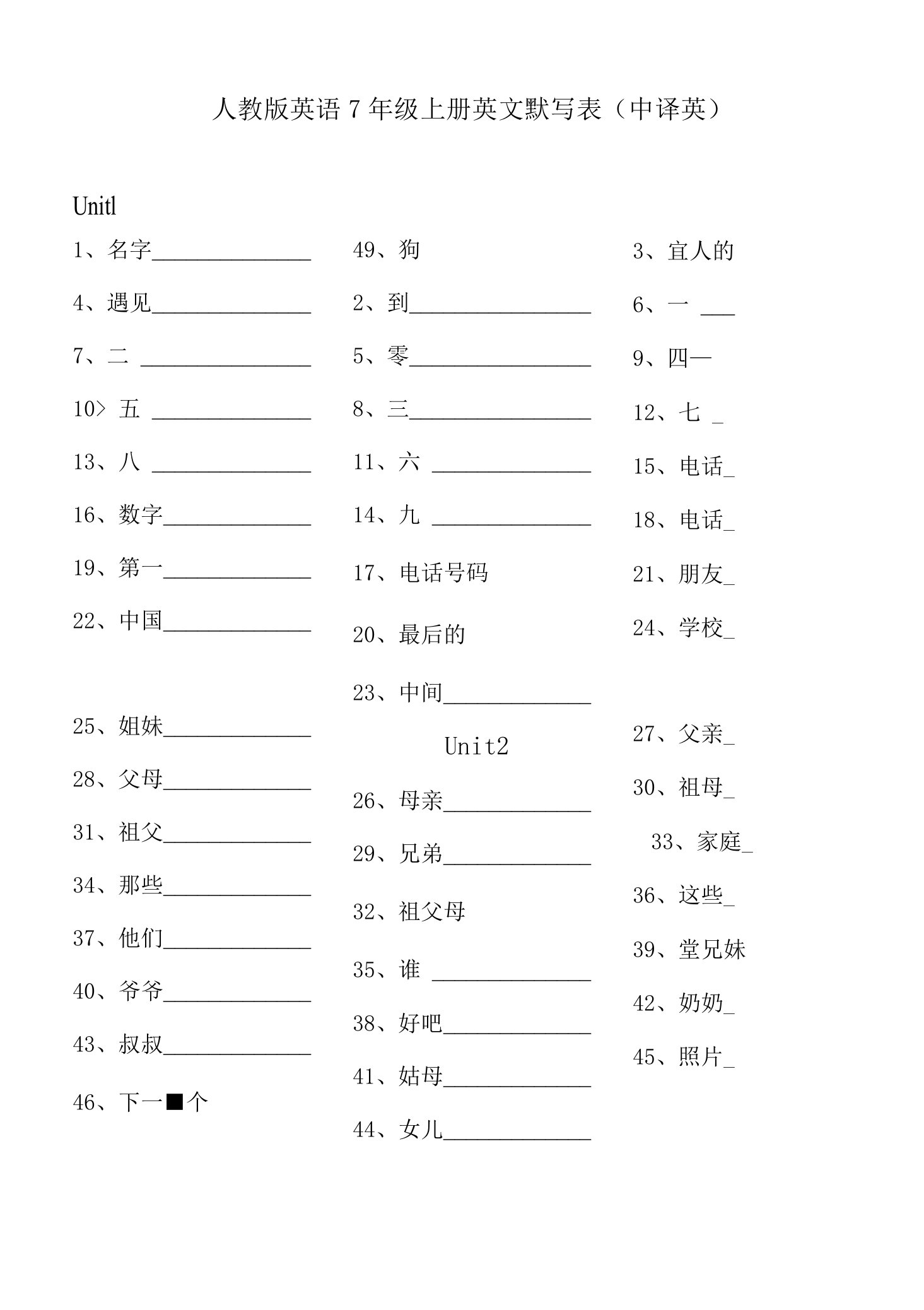 人教版英语7年级上册英文默写表（中译英）