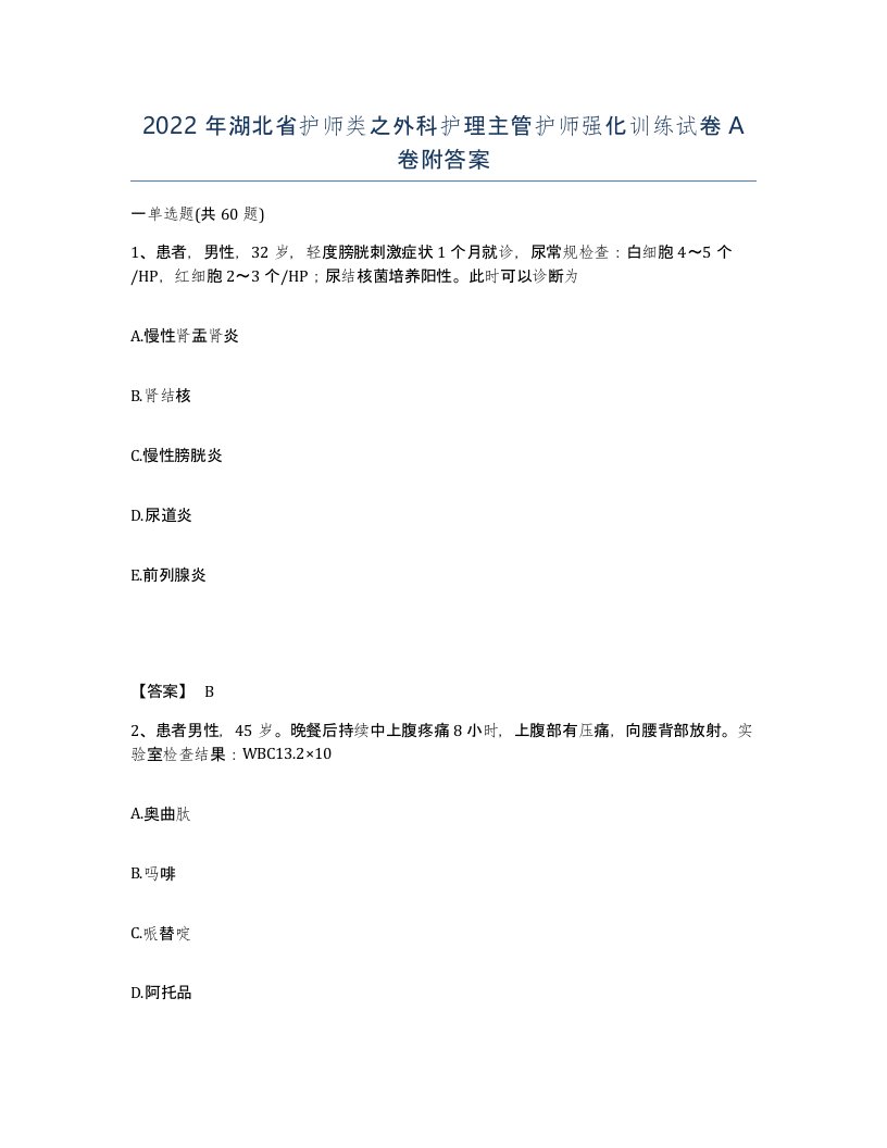 2022年湖北省护师类之外科护理主管护师强化训练试卷A卷附答案