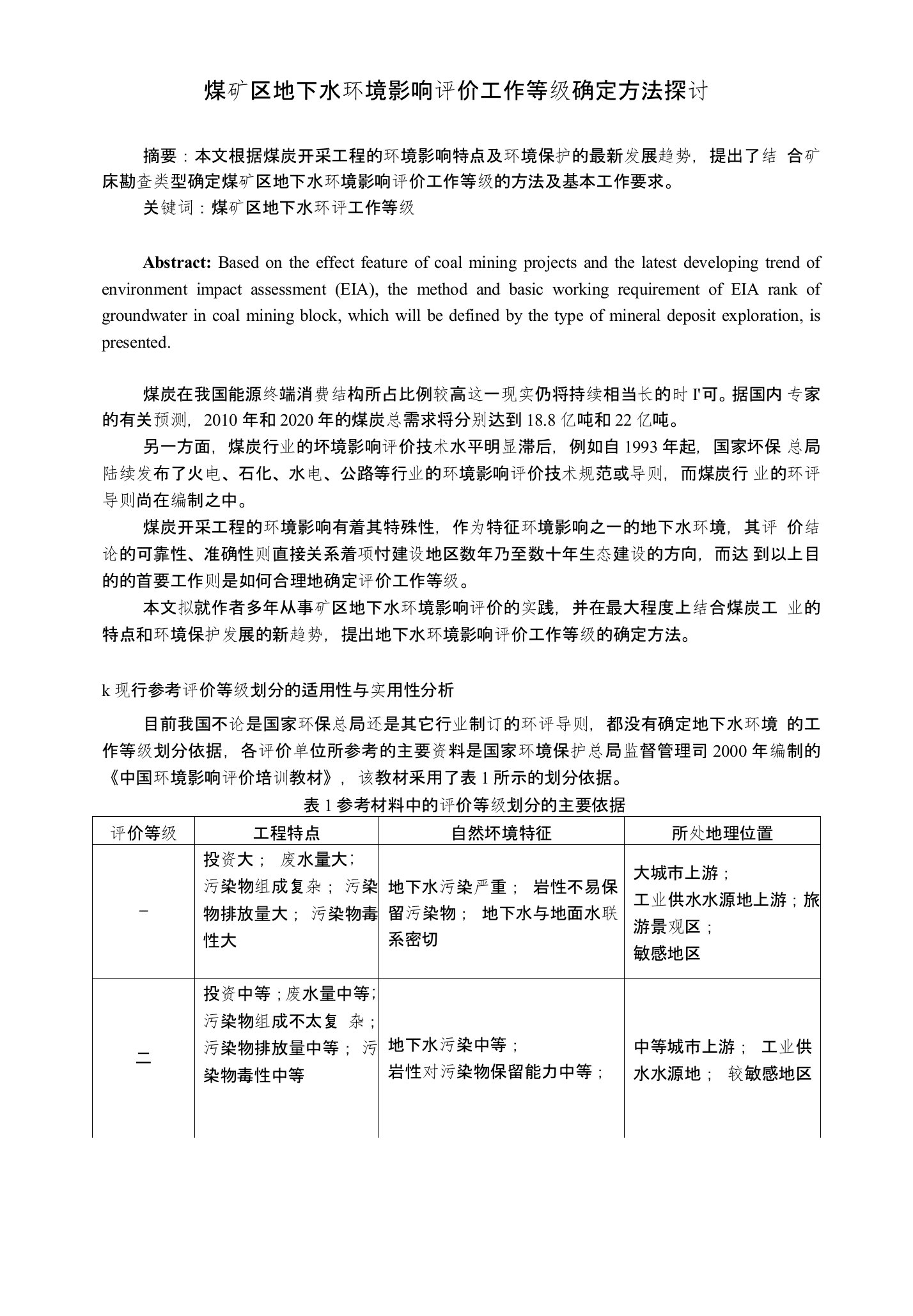 煤矿区地下水环境影响评价工作等级确定方法探讨