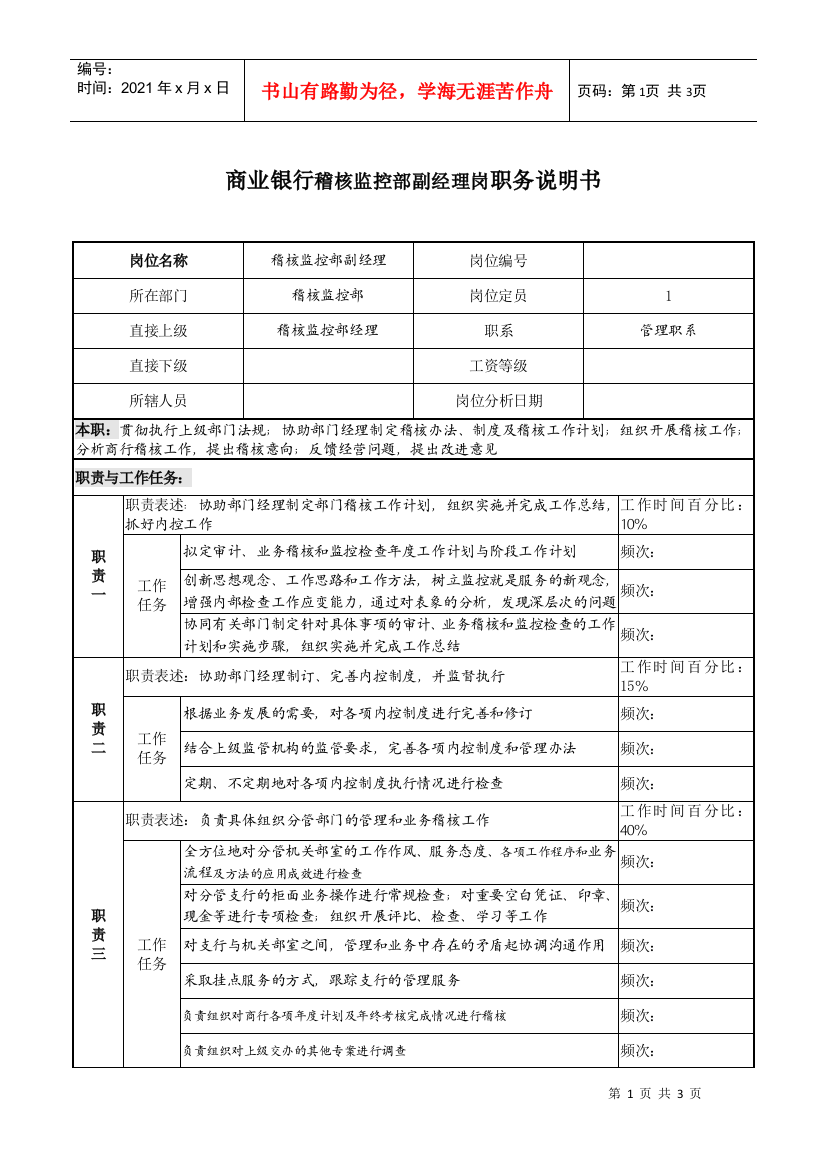 商业银行稽核监控部副经理岗职务说明书