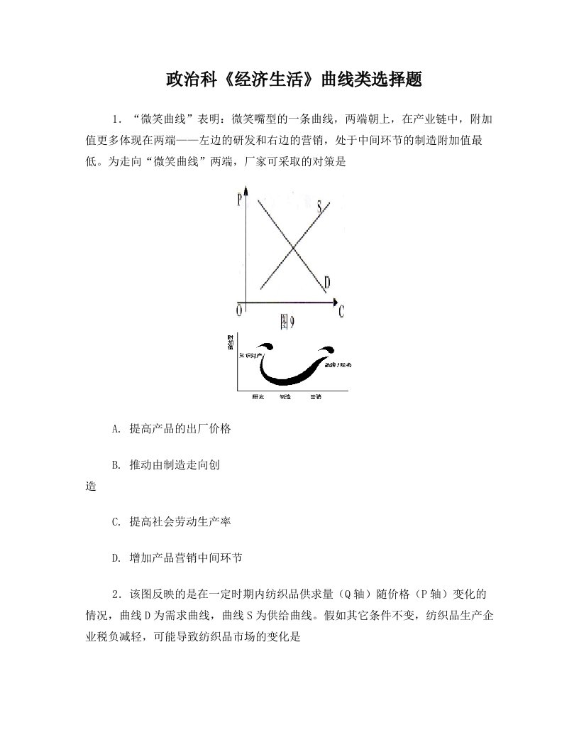 《经济生活》曲线题选择题专项练习