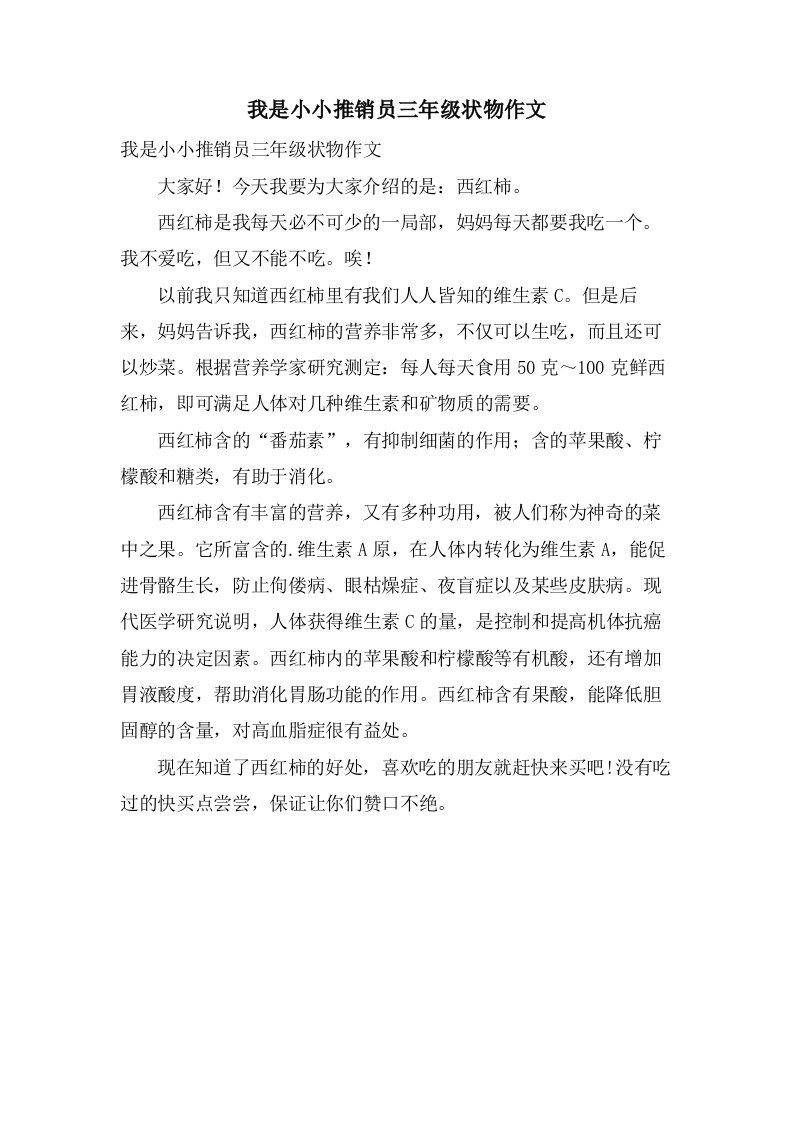 我是小小推销员三年级状物作文