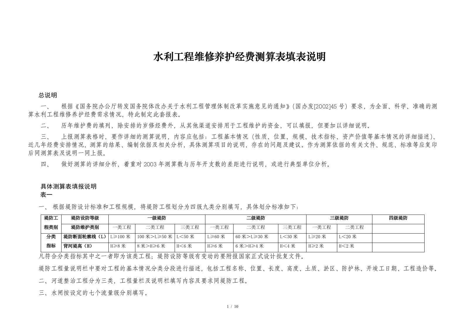 水利工程维修养护经费测算表填表说明