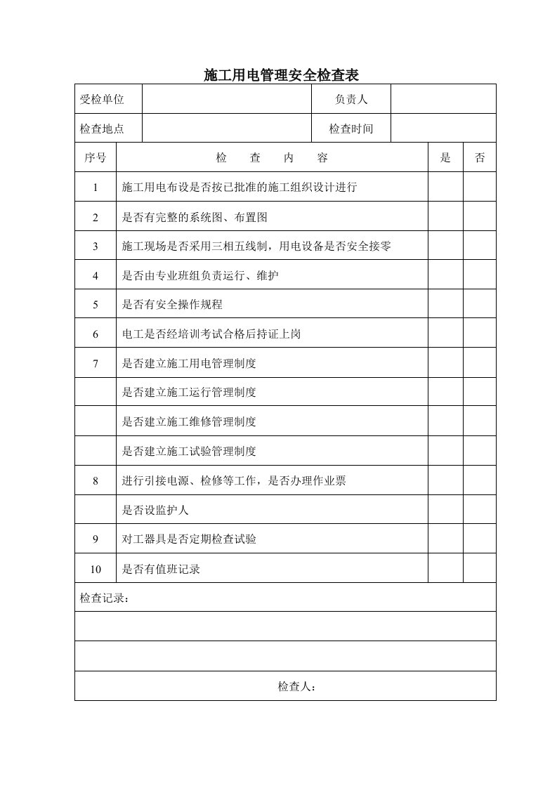 建筑资料-施工用电管理安全检查表