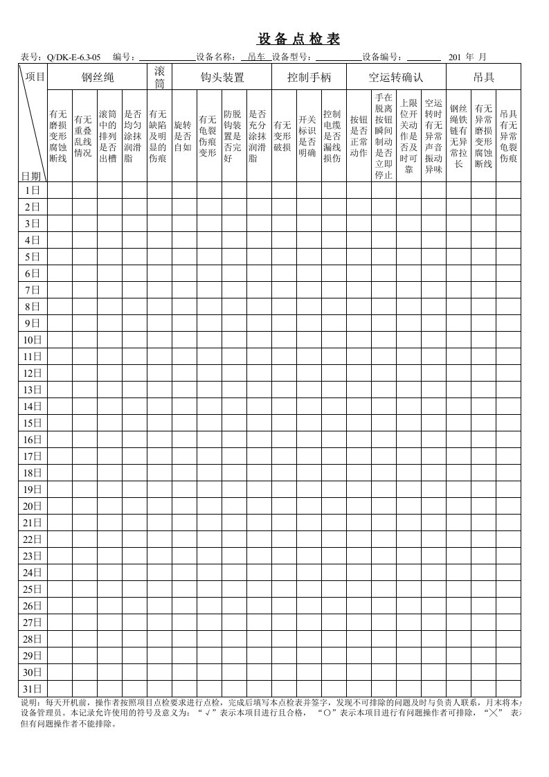 吊车点检表