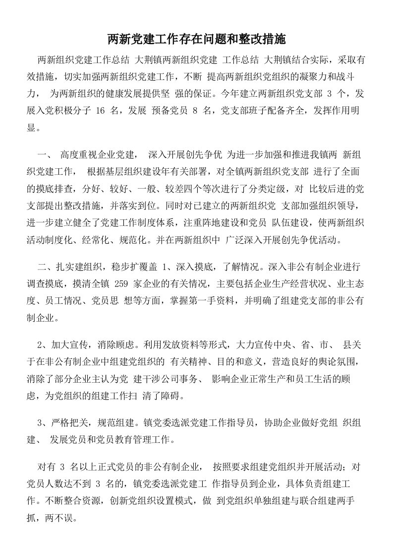 两新党建工作存在问题和整改措施