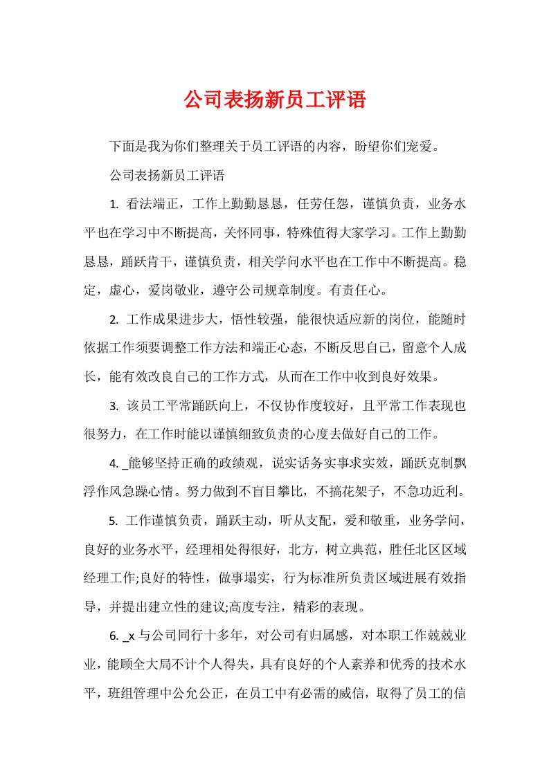 公司表扬新员工评语