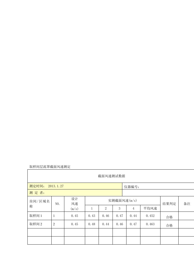 取样间层流罩截面风速测定