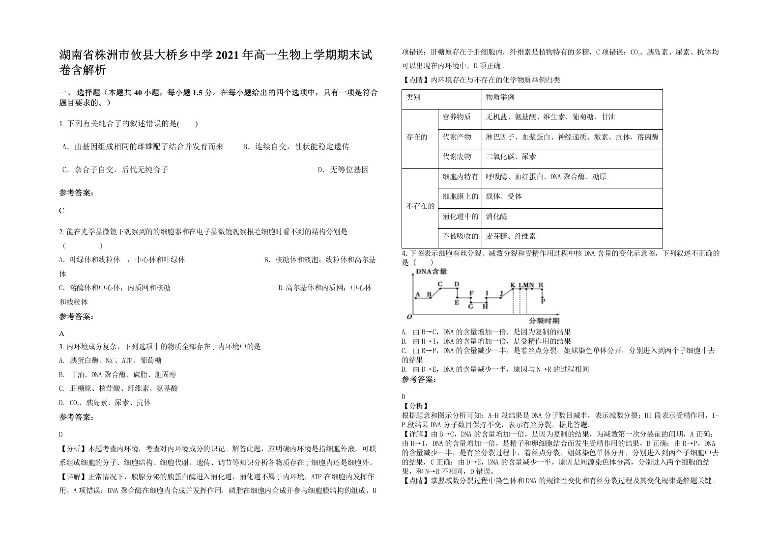 湖南省株洲市攸县大桥乡中学2021年高一生物上学期期末试卷含解析