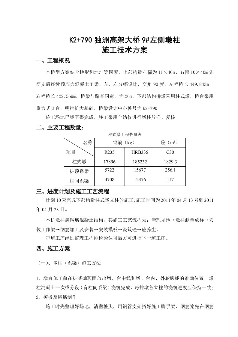 独洲高架大桥墩柱施工方案