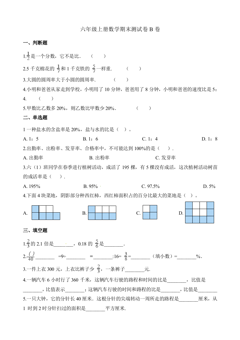 六年级上册数学期末测试卷B卷