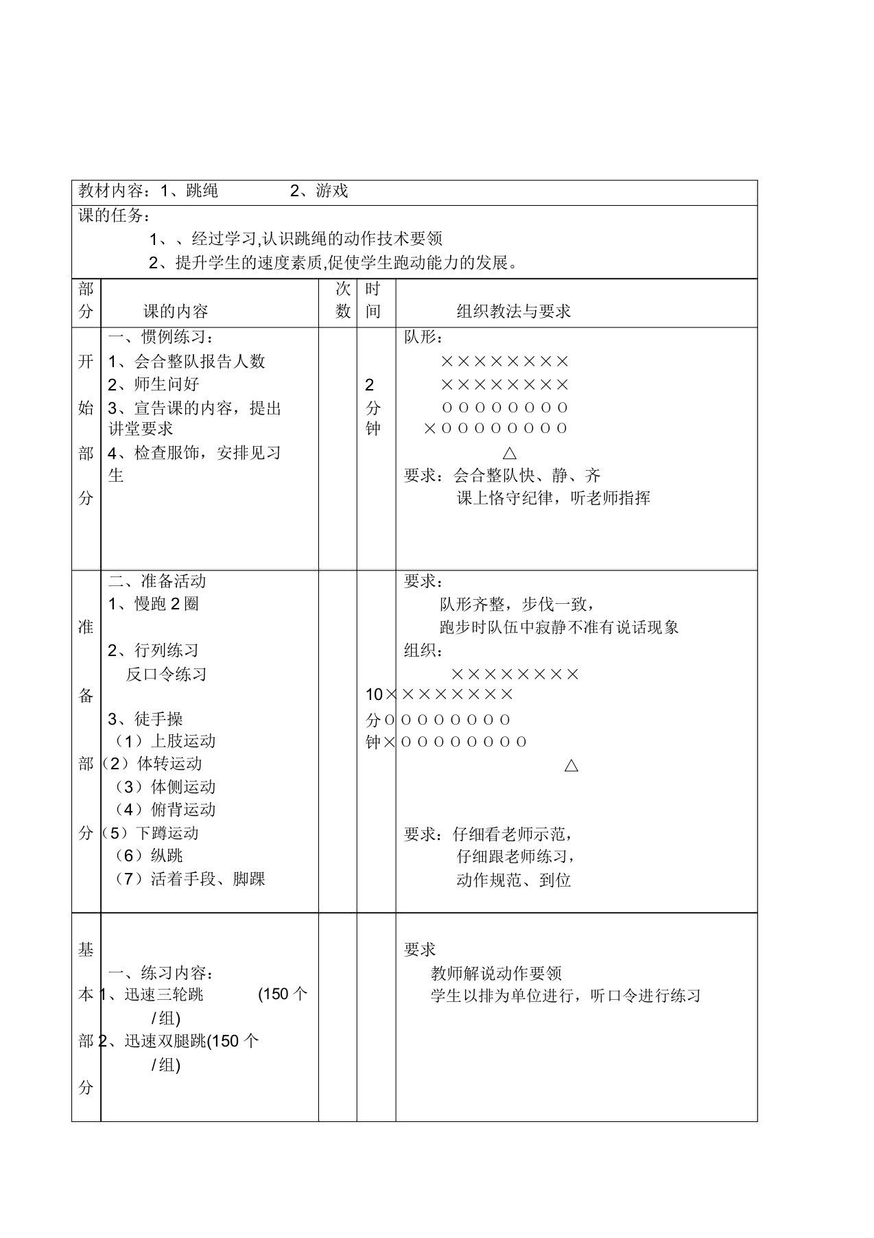 小学体育与健康四年级《跳绳游戏》表格式教案