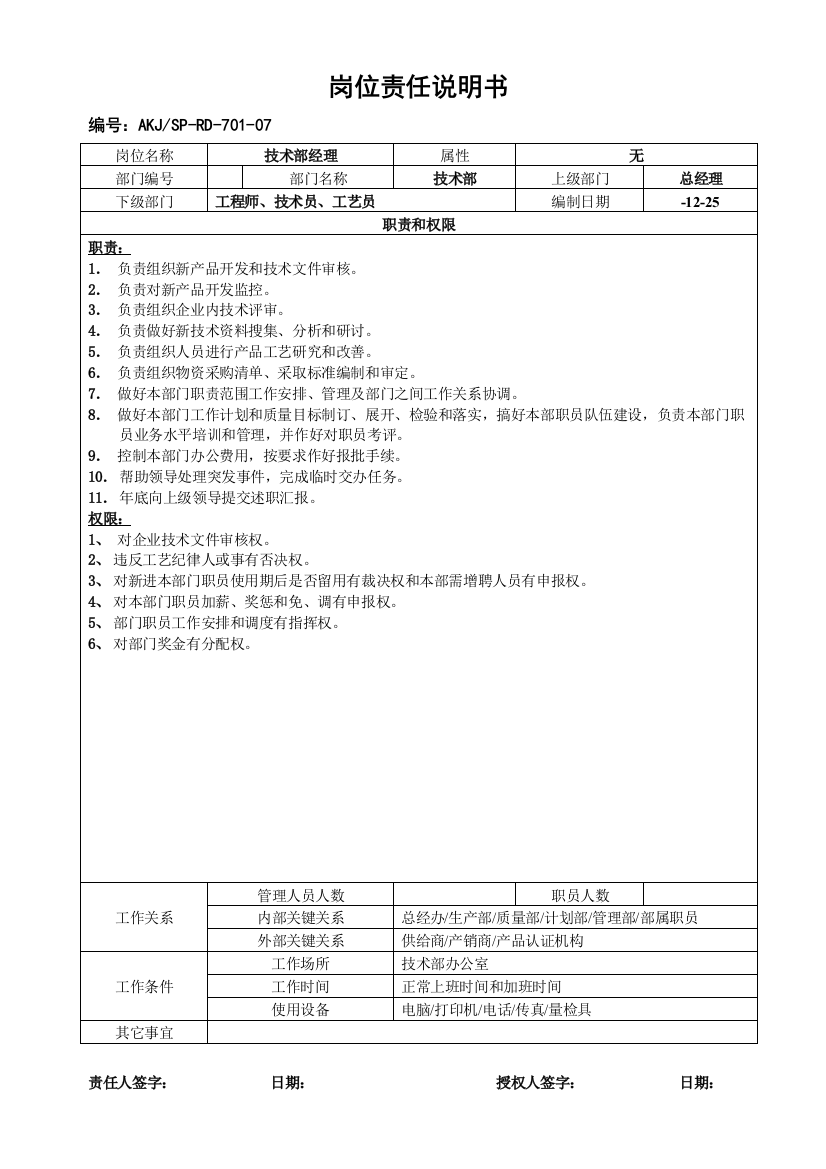 AKJSPRD～关键技术部岗位责任说明指导书