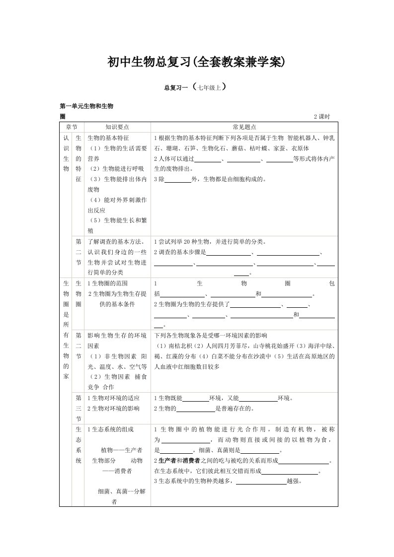 初中生物总复习教案学案(全套)