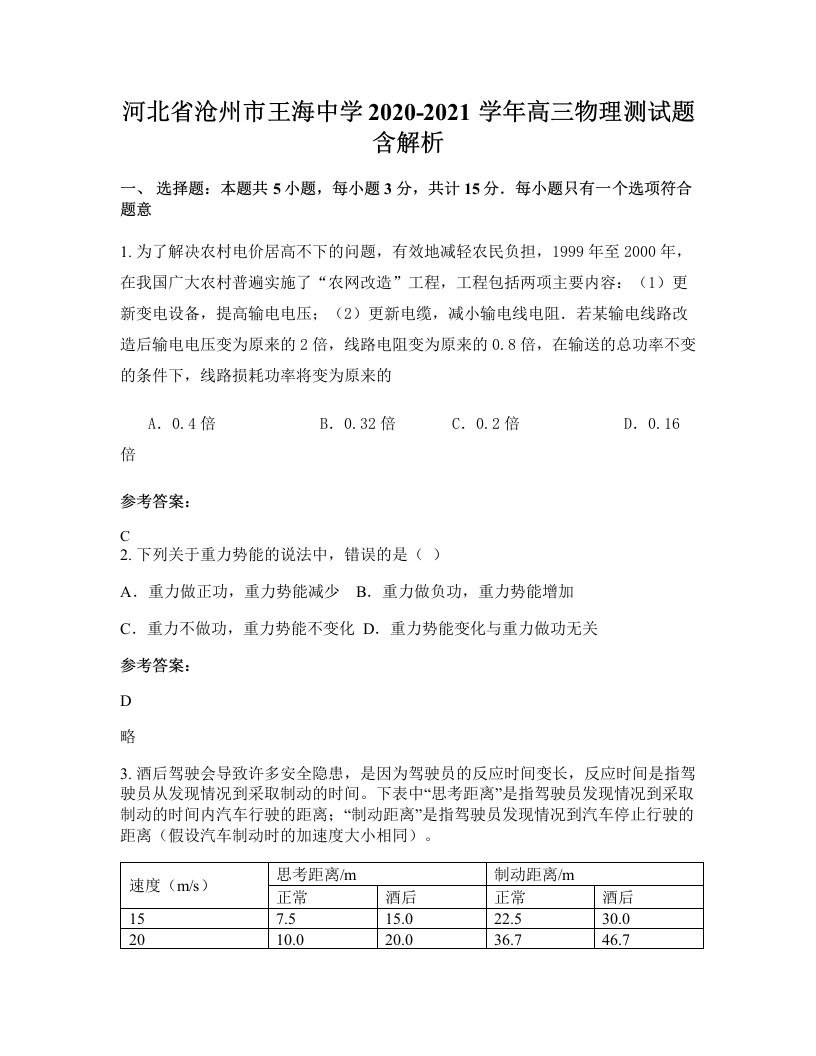 河北省沧州市王海中学2020-2021学年高三物理测试题含解析