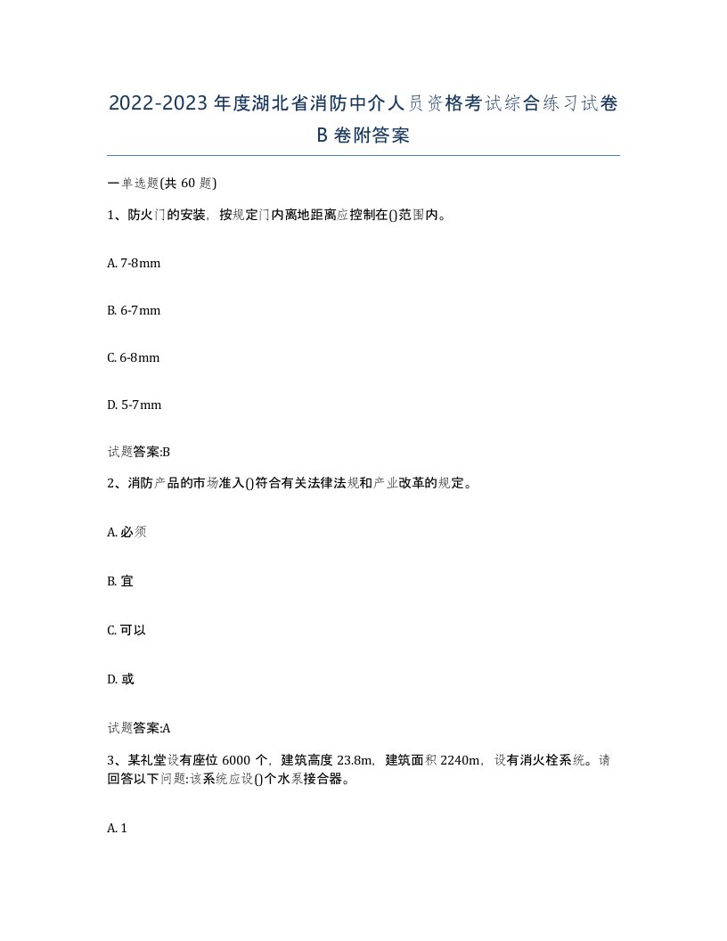 2022-2023年度湖北省消防中介人员资格考试综合练习试卷B卷附答案