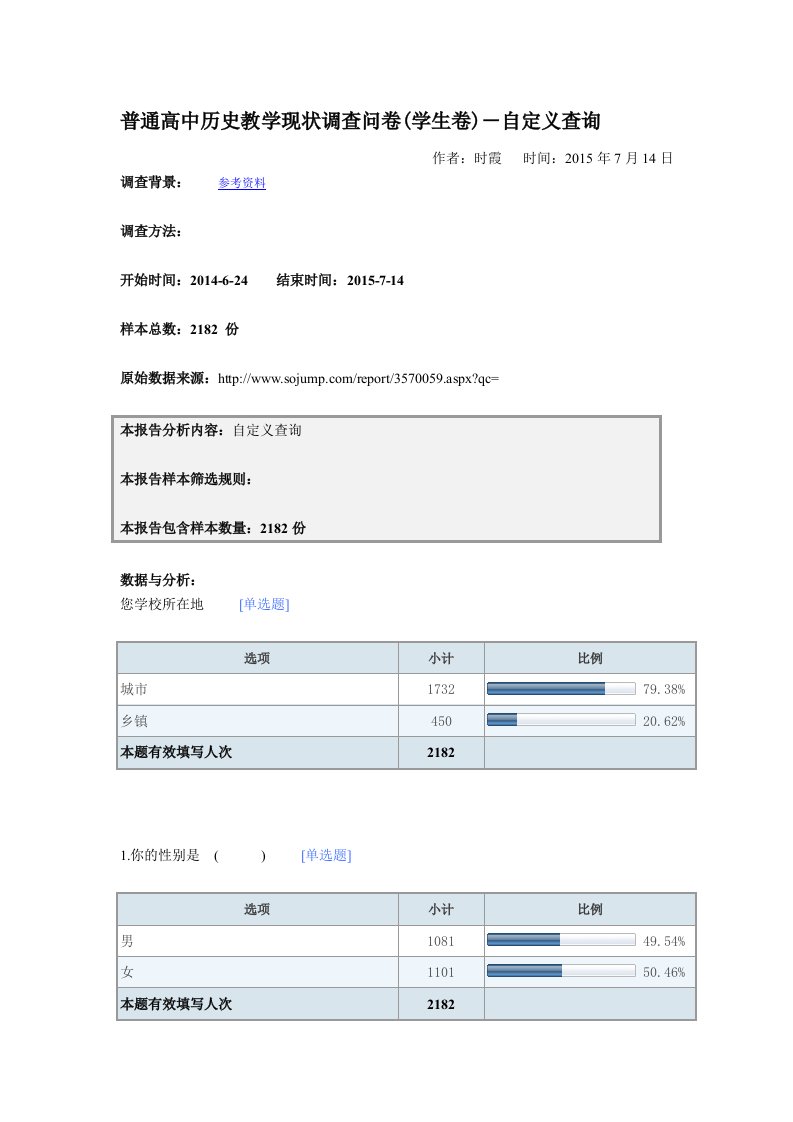 普通高中历史教学现状调查问卷(学生卷)－默认报告