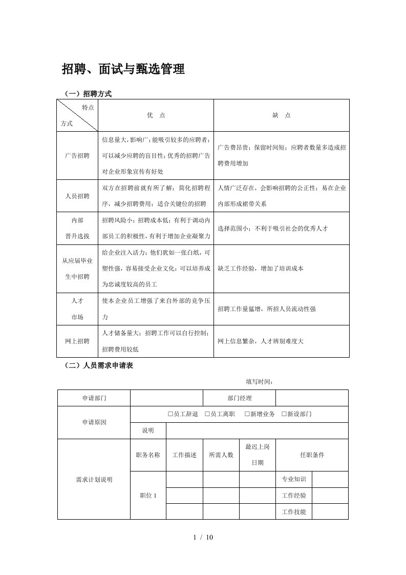 招聘面试流程及相关表格