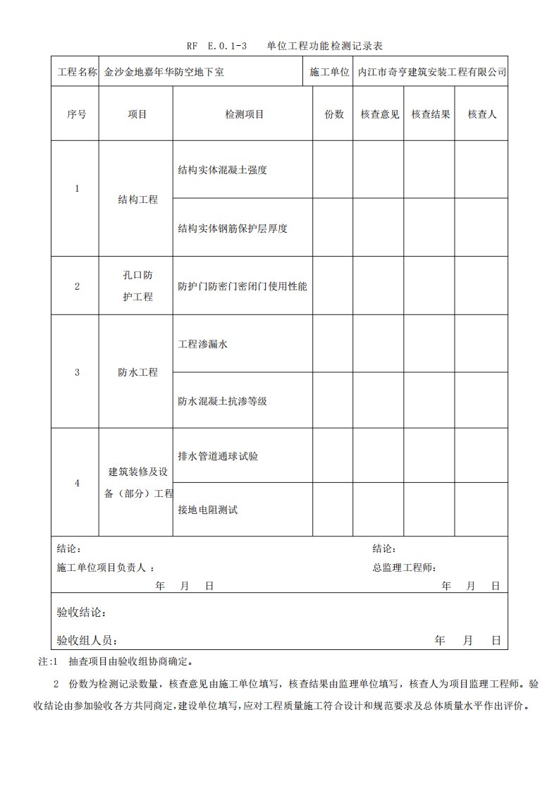 单位工程功能检测记录表