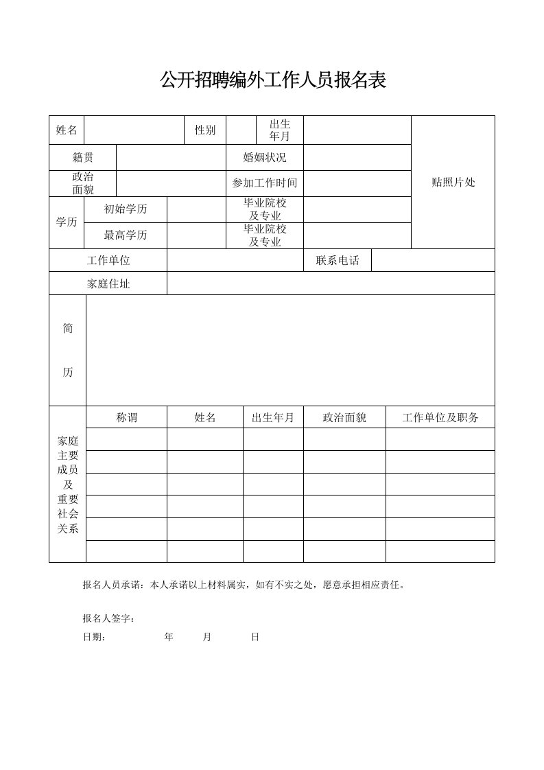 公开招聘编外工作人员报名表