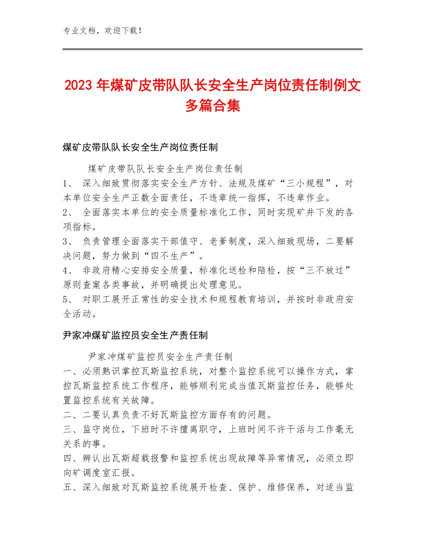 2023年煤矿皮带队队长安全生产岗位责任制例文多篇合集