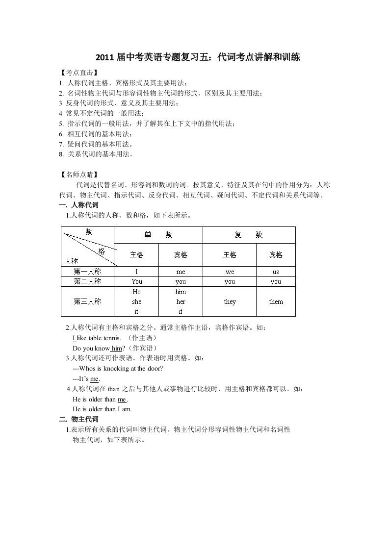 2011中考英语专题复习五代词考点讲解和训练