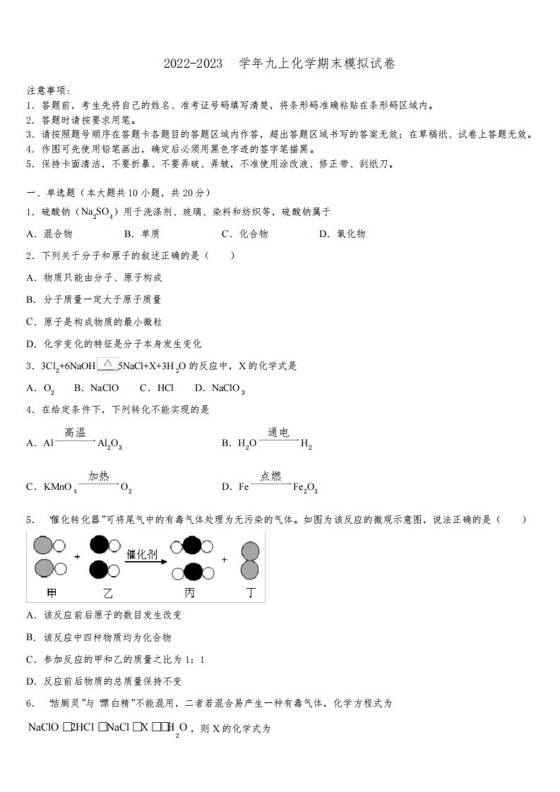 山东省临沂市沂县2022-2023学年化学九年级第一学期期末综合测试模拟试题含解析