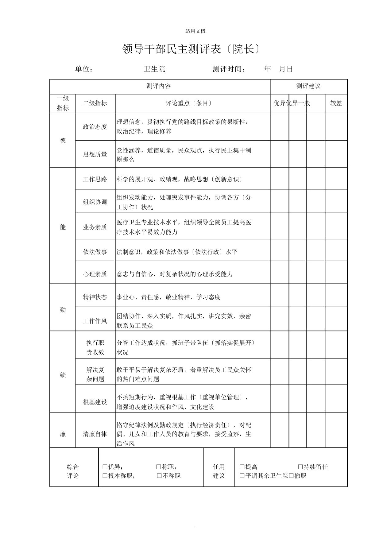 领导干部民主测评表